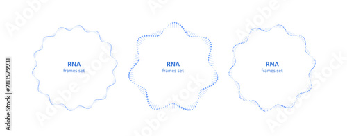 Vector flat science dna frame template set. Blue gradient atom rna circle helix around text block on white background. Concept of future science. Design element for web, presentation, banner, poster