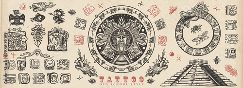 Ancient Maya Civilization. Old school tattoo collection. Mayan, Aztecs, Incas. Sun stone, pyramids, glyphs, Kukulkan. Ancient mexican mesoamerican culture. Vintage traditional tattooing style