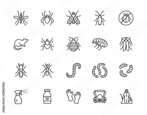 Pest control flat line icons set. Insects - mosquito, spider, fly, cockroach, rat, termite, spray vector illustrations. Outline signs for disinfection service. Pixel perfect 64x64. Editable Strokes