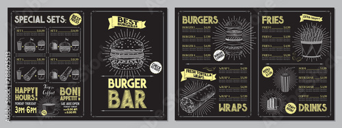 Burger bar menu template - A4 card (burgers, wraps, french fries, drinks, sets)