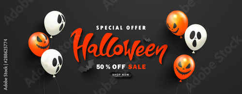 Halloween Sale Promotion Poster with scary balloons and paper bats on black background.Vector illustration for website , posters, ads, coupons, promotional material.