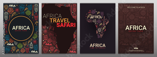 Set of Africa banners. Safari Park. Colorful illustration with hand draw doodle Background.