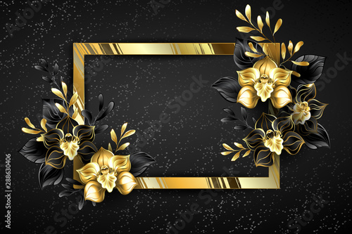 Golden banner with black orchids