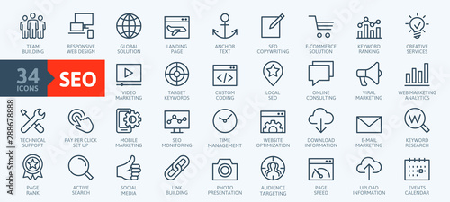 Outline web icons set - Search Engine Optimization. Thin line web icon collection. Simple vector illustration.