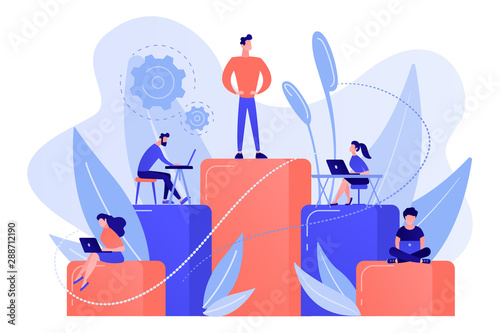 Businessmen work with laptops on graph columns. Business hierarchy, hierarchical organization, levels of hierarchy concept on white background. Living coral blue vector isolated illustration