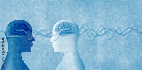 Training of people. Neuroscience development. Intelligence - cognition and education. 2 Human heads in silhouette profile. Concept of memory - neurology and psychology