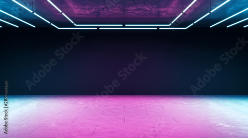 Minimal techno concept with modern empty hall with blank wall and neon paints.