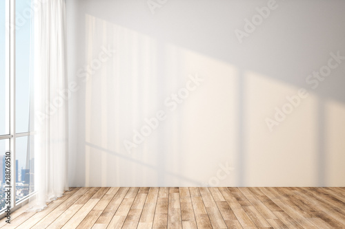 Modern light empty room with blank white wall, wooden floor and big window with city view.