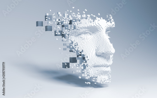 Abstract digital human face. Artificial intelligence concept of big data or cyber security. 3D illustration 