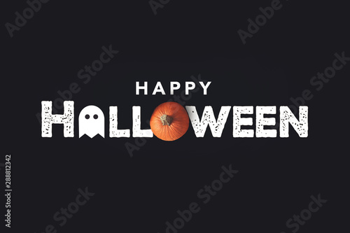 Happy Halloween Distressed Text with Pumpkin and Ghost Over Black Background