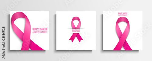 Breast cancer awareness month cards set. Multiple myeloma cancer awareness month and solidarity symbol. Pink ribbon on white background. Vector illustration.