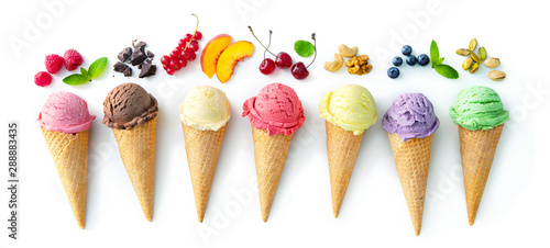 Various varieties of ice cream in cones isolated on white background