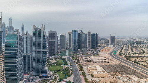 Jumeirah Lake Towers residential district aerial timelapse near Dubai Marina