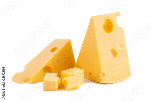 pieces of tasty yellow cheese isolated on white background