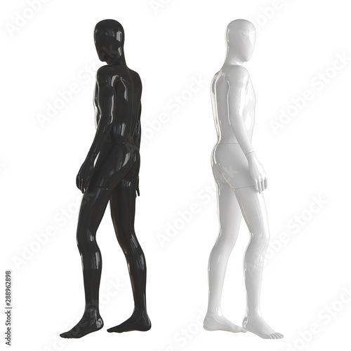 Black and white mannequin stand with their backs to each other. Isolated on a white background. 3D rendering