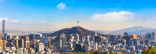 panorama view of Seoul South Korea City Skyline with seoul tower.