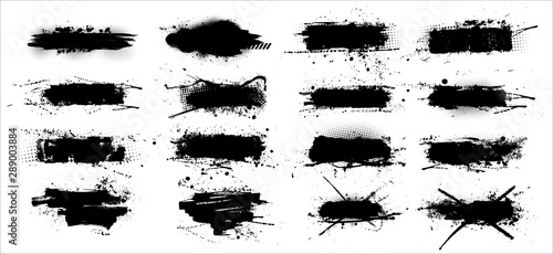 Ink splashes stencil - vector set. High quality manually traced. Black inked splatter dirt stain splatter spray splash with drops blots isolated. Vector grunge silhouette collection color dirty liquid