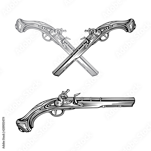 Old gun. Vintage flintlock pistol vector illustrations collection. Hand drawn antique pistol graphic. Part of set.