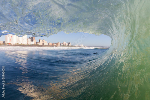 view of durban city from inside a crashing wave