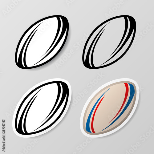 Set of four different rugby stickers isolated on gray background
