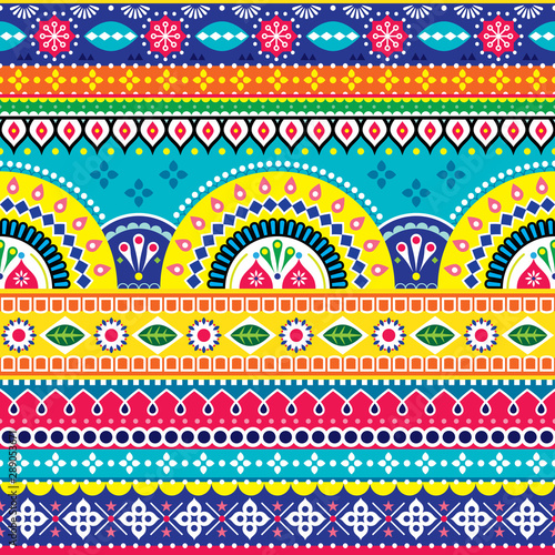  Pakistani or Indian vectopr seamless design inspired by truck art, vibrant pattern with geometric shapes and flowers