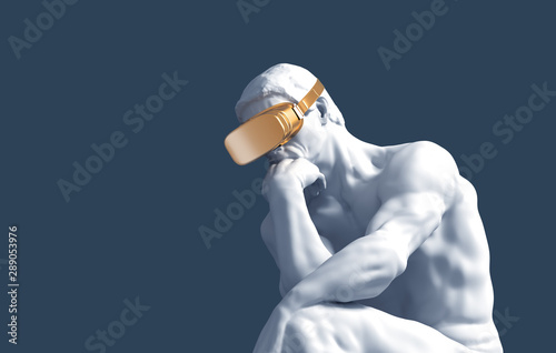 Thinker With Golden VR Glasses Over Blue Background