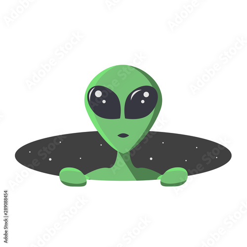 Green alien climbs out from the hole of space with stars. Extraterrestrial in flat cartoon style for t-shirt, print or textile. Vector illustration