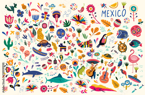 Mexican decorative vector pattern. Map of Mexico with traditional symbols and decorative elements.