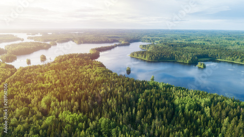  Lake system surrounded with green forest in Finland, aerial landscape. Nature exploration concept.