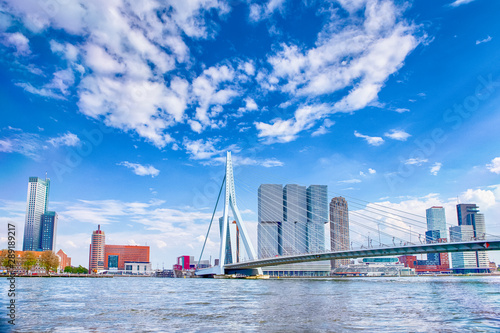 Attractive View of Renowned Erasmusbrug (Swan Bridge) in Rotterdam in front of Port and Harbour. Picture Made At Day.