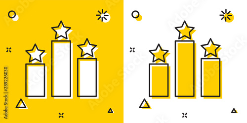 Black Ranking star icon isolated on yellow and white background. Star rating system. Favorite, best rating, award symbol. Random dynamic shapes. Vector Illustration
