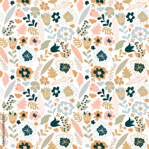 Organic floral seamless abstract background, botanical motif, pastel colors. Creative floral pastel texture. Seamless pattern with flowers, berryes, leaves