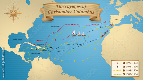 The voyages of Christopher Columbus. Map with the marked routes of the 4 trips of Columbus on a blue background adorned with a compass. Vector image