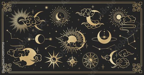Asian set with clouds, moon, sun and stars . Vector collection in oriental chinese, japanese, korean style. Line hand drawn illustration isolated on black background. Retro elements set.