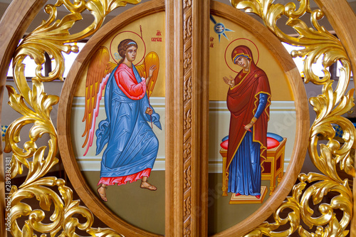 Vranov, Slovakia. 2019/8/22. Icon of the Annunciation – the announcement by the Archangel Gabriel to the Virgin Mary that she would conceive and become the mother of Jesus. Convent of the Holy Trinity