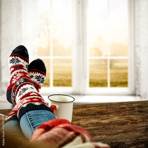 Woman legs with socks and autumn time 