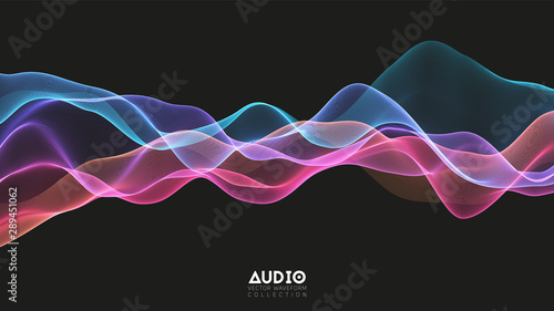 Vector 3d echo audio wavefrom spectrum. Abstract music waves oscillation graph. Futuristic sound wave visualization. Colorful glowing impulse pattern. Synthetic music technology sample.