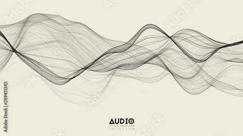 Vector 3d echo audio wavefrom spectrum. Abstract music waves oscillation graph. Futuristic sound wave visualization. Black and white line impulse pattern. Synthetic music technology sample.