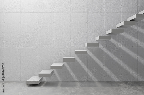 staircase in modern room, white concrete wall and cement floor, 3d background wallpaper