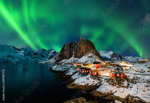 Aurora borealis over Hamnoy in Norway