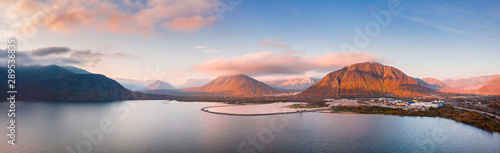 Sunset in mountains Khibiny Kola Peninsula, Russia. Aerial view