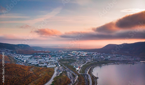 Sunset in Kirovsk mountains Khibiny Kola Peninsula, Russia. Aerial view