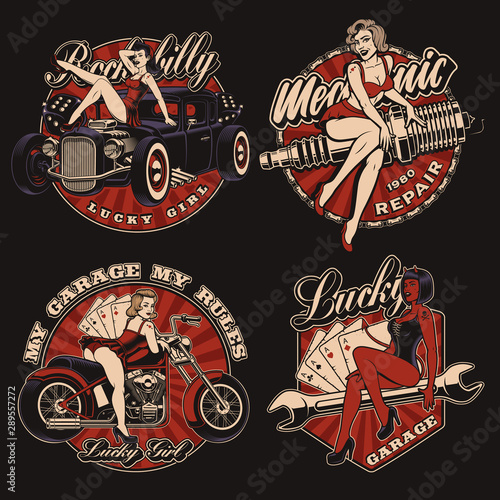 Set of vintage pin up girls on the dark background