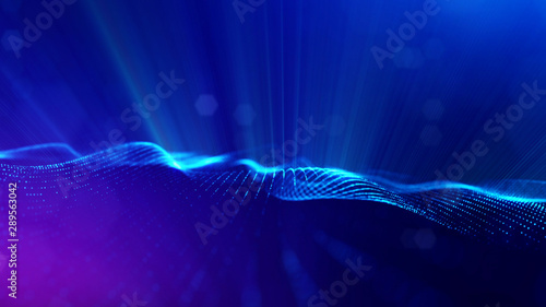 3d rendering background of glowing particles that form curved lines and 3d surfaces, grid with depth of field, bokeh. Microworld or sci-fi theme. Blue strings