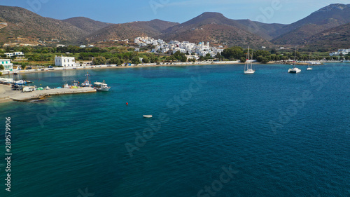 Aerial drone photo of iconic port and picturesque village of Katapola in island of Amorgos, Cyclades, Greece