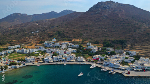 Aerial drone photo of iconic port and picturesque village of Katapola in island of Amorgos, Cyclades, Greece