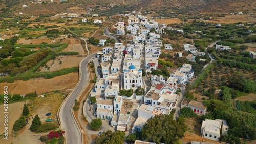 Aerial drone photo of iconic port and picturesque village of Katapola in island of Amorgos, Cyclades, Greece