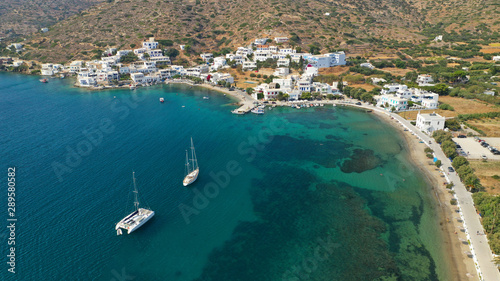 Aerial drone photo of iconic port and picturesque village of Katapola in island of Amorgos, Cyclades, Greece