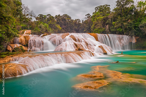 The magnificent cascades and waterfalls of Agua Azul in the tropical rainforest of the Chiapas state near Palenque, Mexico.