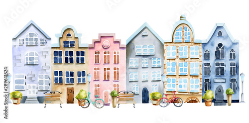 Illustration of street of watercolor scandinavian houses, nordic architecture, hand painted on a white background